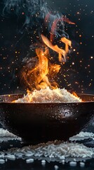 Naklejka premium Powerful Explosion of White Rice in Wok for Commercial Use Generative AI
