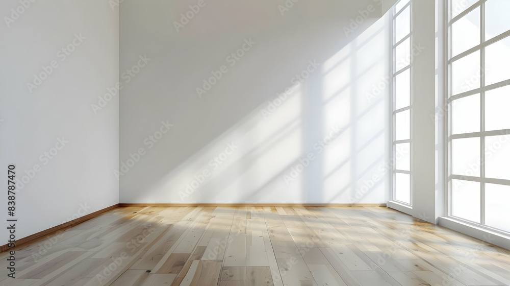 Poster minimalist empty room with large windows and wooden floors, capturing natural light and casting shad