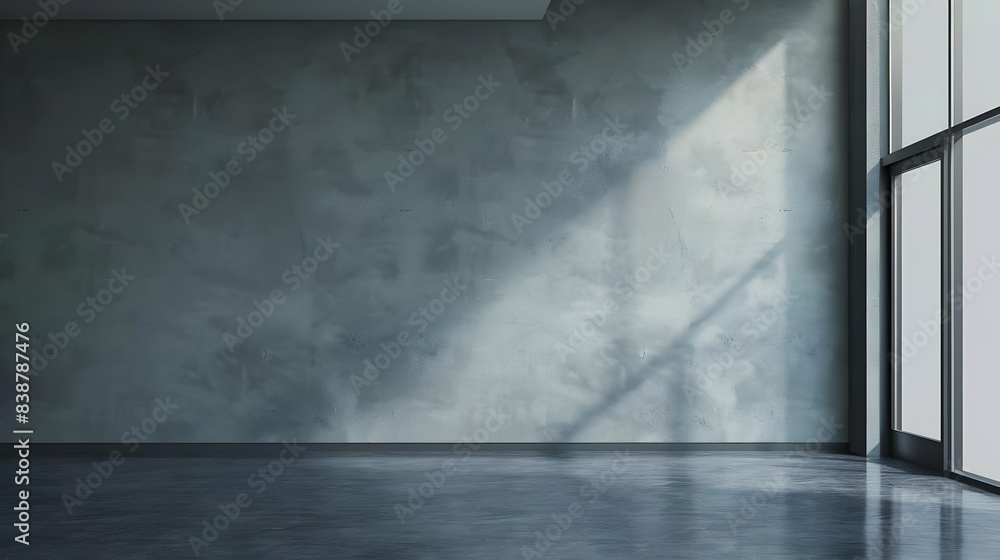 Poster minimalist empty room with large window casting natural light and shadow on polished concrete floor.