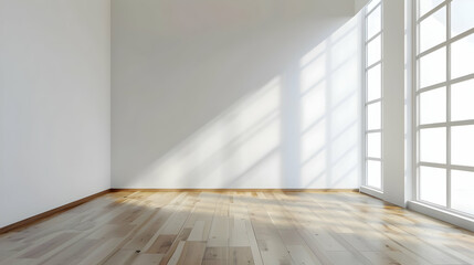 Fototapeta premium Minimalist empty room with large windows and wooden floors, capturing natural light and casting shadows. Ideal for interior design concepts.