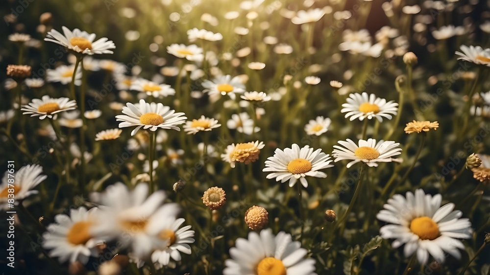 Poster an immersive perspective from above, showcasing the intricate texture of a meadow blanketed with blo