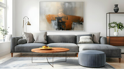 Modern living room with grey sectional sofa, abstract painting, cozy decor, and natural light. Contemporary furniture and stylish home interior.
