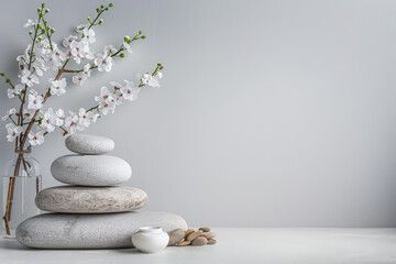 Minimalist zen room interiors with copyspace for text. Zen interior design composition with minimal decor and copyspace.