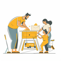 Parents with children assembling furniture in the children's room, illustration, vector, generating ai	
