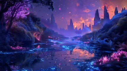 Obraz premium Fantasy landscape with glowing bioluminescent plants, fantasy, vibrant colors, digital painting, great for naturethemed announcements