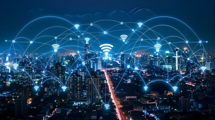 Obraz premium Modern city with wireless network connection