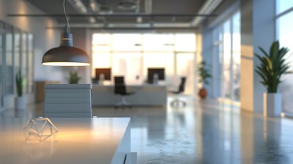 Beautiful blurred background of a light modern office interior with panoramic windows and beautiful lighting.
