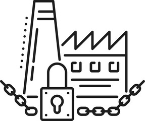 Factory closure icon, economic crisis and money loss, downturn and bankruptcy symbol. Linear vector sign of plant, industrial building, factory with large lock and chain, indicating industry shutdown