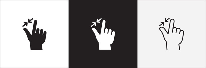 Finger touch screen gesture icon set. Pinch in on touchscreen gesture icon. Zoom out touch icons. Vector stock icon isolated on white. Graphic design for button template and illustration.