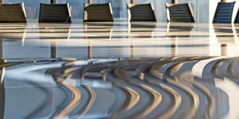 Obraz premium Close-up of polished conference table surface, detailed reflections, no people, morning light