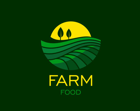 Agriculture farm field icon with rural landscape and sun for organic food, vector emblem. Farm food label with green field and trees silhouette, countryside farming or agriculture farmland sign