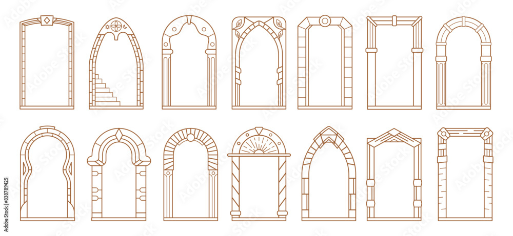 Poster art deco arch frames, arcs, doors or borders vector set. ornate archways and doorways in boho style.
