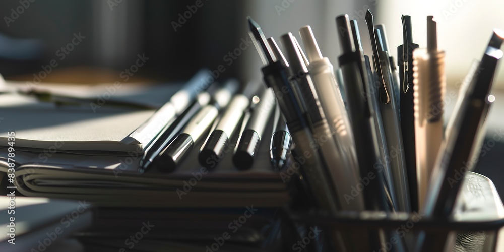 Poster Close-up of neatly arranged conference pens and pads, clear focus, morning light, no people 