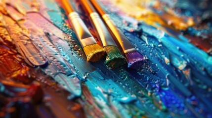 Fototapeta premium Tubes with art oil paint on a palette. Colorful art paints close-up