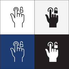 Finger touch screen gesture icon. Fingerprint and pattern lock or unlock screen icon. Biometric sensor sign. Vector stock icon isolated on white. Graphic design for button template and illustration.