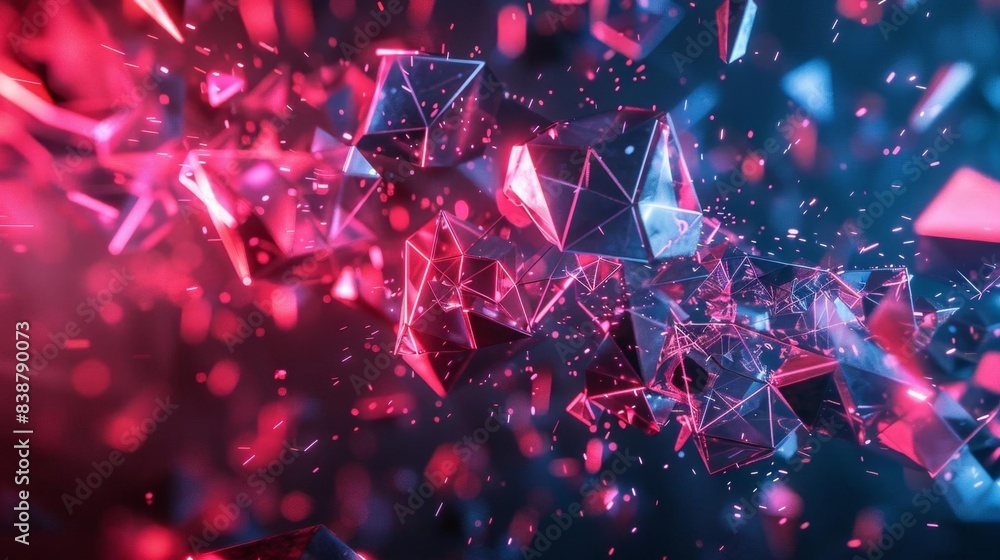 Poster abstract digital art with vibrant red and blue geometric shapes, creating a mesmerizing and dynamic 