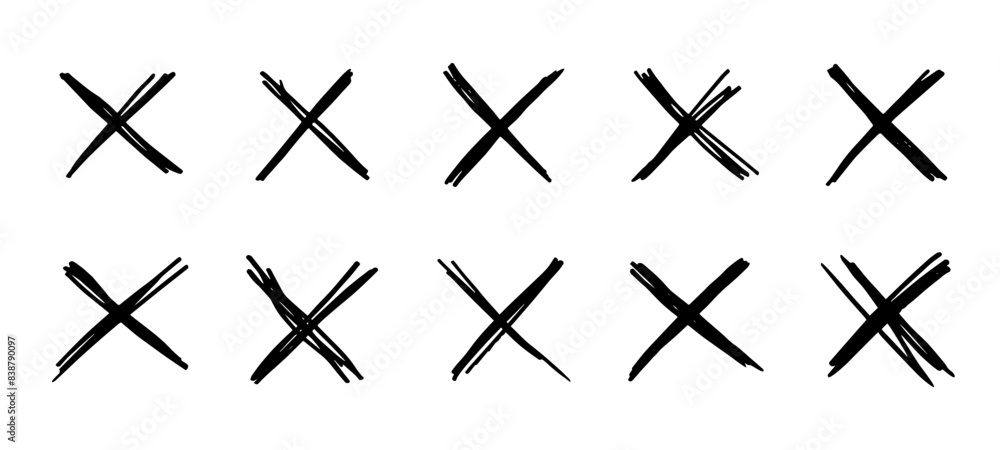 Poster x scribble cross marks in black ink. vector set of grunge error or cancellation symbols. isolated ro