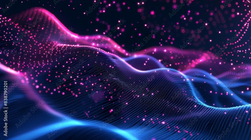 Poster abstract digital wave with pink and blue light particles, futuristic technology background, 3d rende