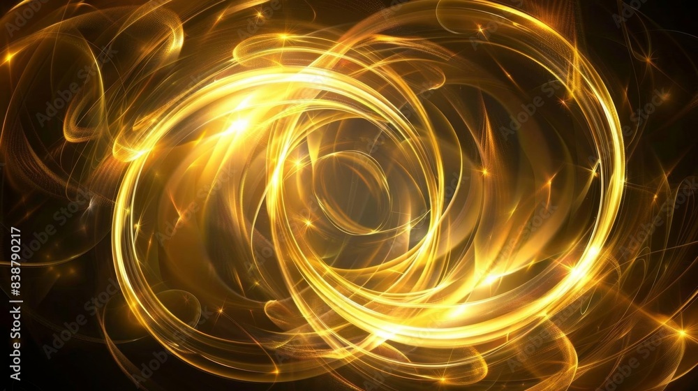 Poster abstract golden swirling light pattern on a dark background, creating a mesmerizing and energetic vi