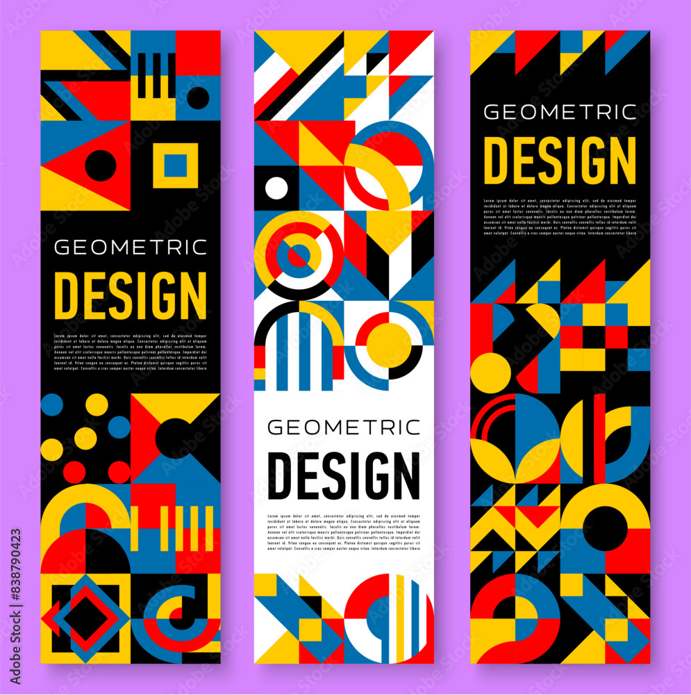 Poster Abstract modern geometric pattern, vertical banners with minimal graphics vector background. Simple color shapes and geometry figures composition of circles, triangles and squares, business flyers set