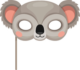 Koala animal carnival party mask. Festival or birthday costume. Isolated vector decorative festive face covering for kids holiday celebration. Cute mask with head of funny jungle koala bear on stick © Vector Tradition