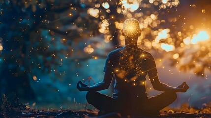 A meditator deeply focused, their brain glowing with new neural connections symbolizing enhanced neuroplasticity, representing the cognitive and emotional benefits of meditation