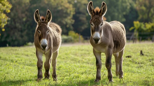 Two brown domestic donkies walking together on a green meadow on a German farm