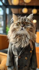 Sophisticated Persian Cat in Formal Suit Posed in Bright  Modern Meeting Space