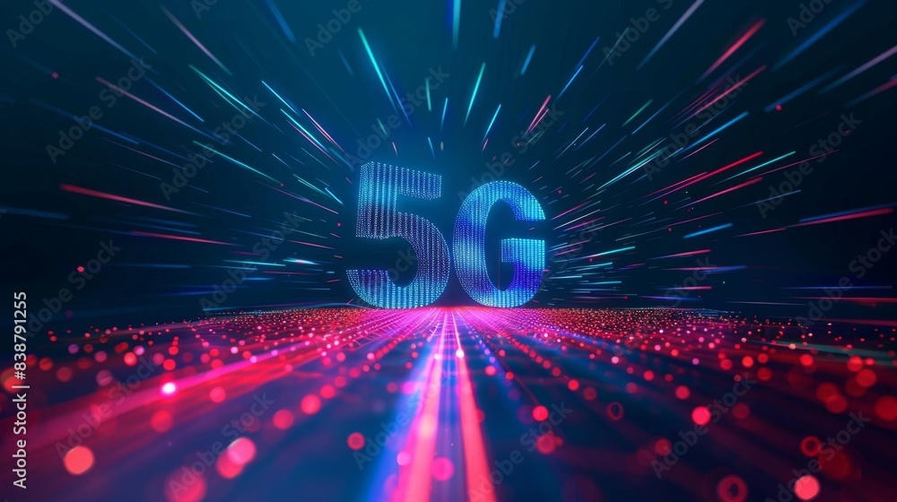 Poster futuristic digital illustration of 5g technology with dynamic light trails and particles representin