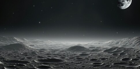 moon textured  a dark sky with a large rock in the foreground