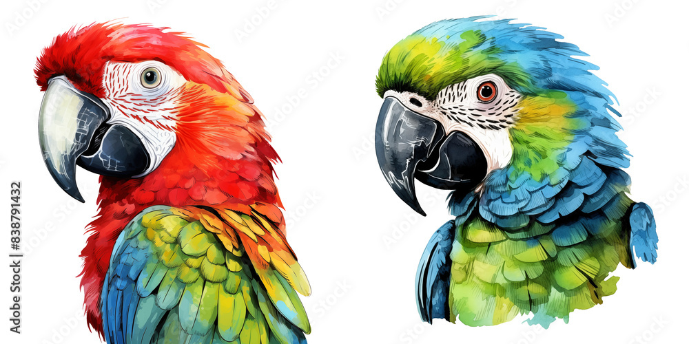 Wall mural  set of two clipart cute colorful parrot portrait watercolor illustration on transparent background wild birds