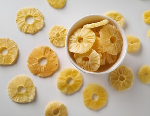 Dry Pineapple Rings Isolated, Sugar Pineapples, Dehydrated Yellow Sugar Fruit, Candied Fruits Circles, Dry Pineapple on clean Background