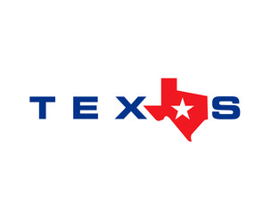 Texas state symbol with map and star vector silhouette. USA country the lone star state isolated icon. Blue, red and white Texas map badge for t-shirt print, varsity emblem or american region sign