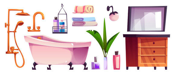 Bath room interior furniture, equipment and accessories. Cartoon vector set of shower and toilet objects for hygiene, health and body care - white bathtub and mirror, cabinet and cleaning products.