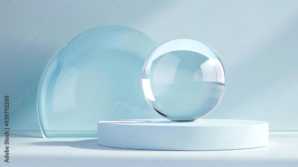 Poster modern minimalist abstract composition with transparent glass spheres on white platforms in a soft b