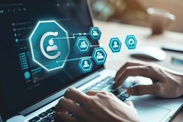 A business person uses a laptop to create target audience ICONS,Digital marketing online, CRM, Data exchanges development and customer service.