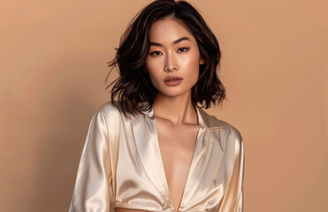 Beautiful young Asian woman wearing satin blouse with low neck and long sleeves, posing in front of beige background.