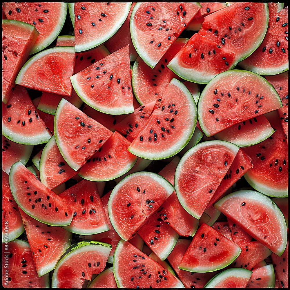 Poster watermelon slices arranged in a cheerful pattern, refreshing and reminiscent of summer picnics.