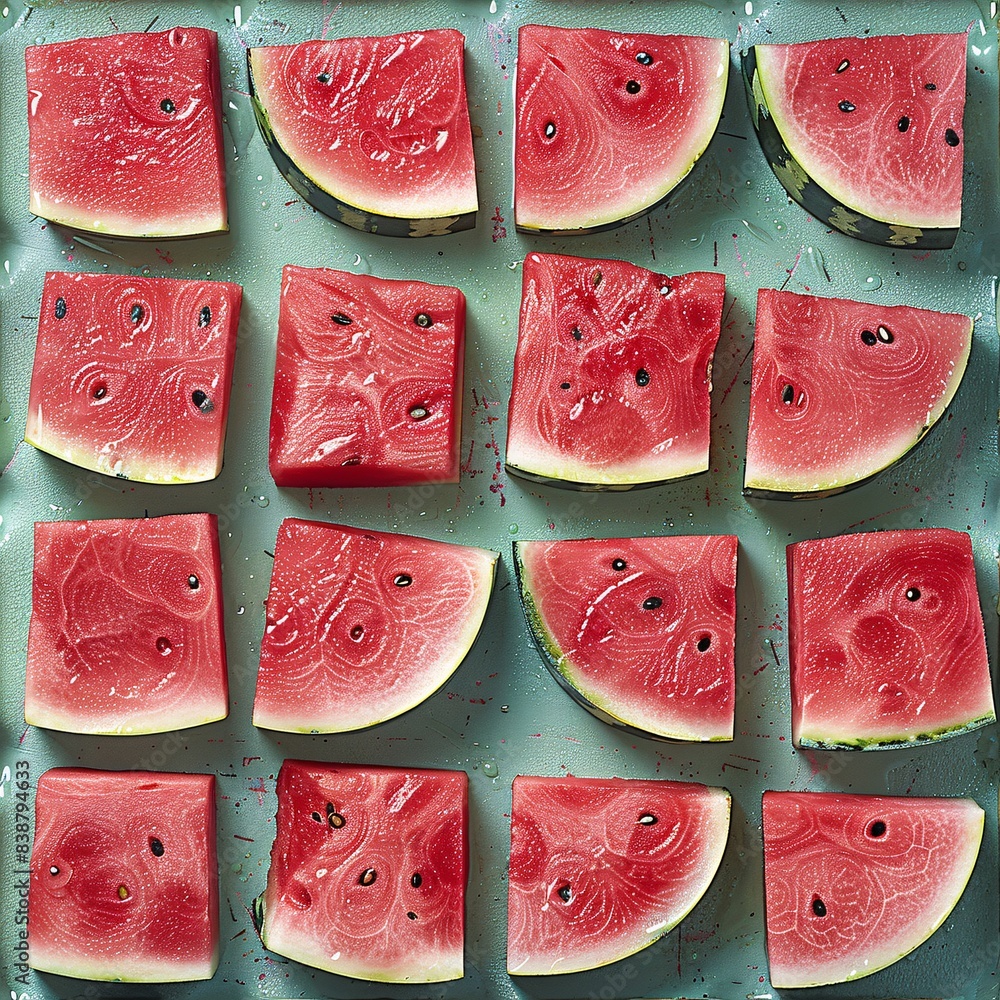 Poster watermelon slices arranged in a cheerful pattern, refreshing and reminiscent of summer picnics.
