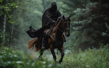 Realistic image of man riding horse through dense forest, black hood, fast gallop