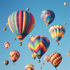 Fototapeta premium Colorful hot air balloons floating against a clear blue sky, a dreamy summer spectacle.
