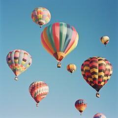 Obraz premium Colorful hot air balloons floating against a clear blue sky, a dreamy summer spectacle.