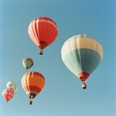 Obraz premium Colorful hot air balloons floating against a clear blue sky, a dreamy summer spectacle.