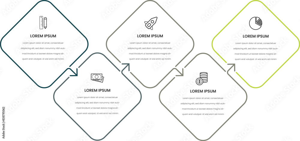 Poster five square elements or rectangular frames placed in horizontal row. visualization of 5-stepped busi
