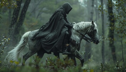 Fototapeta premium Galloping horse with hooded rider in dense forest, realistic photo