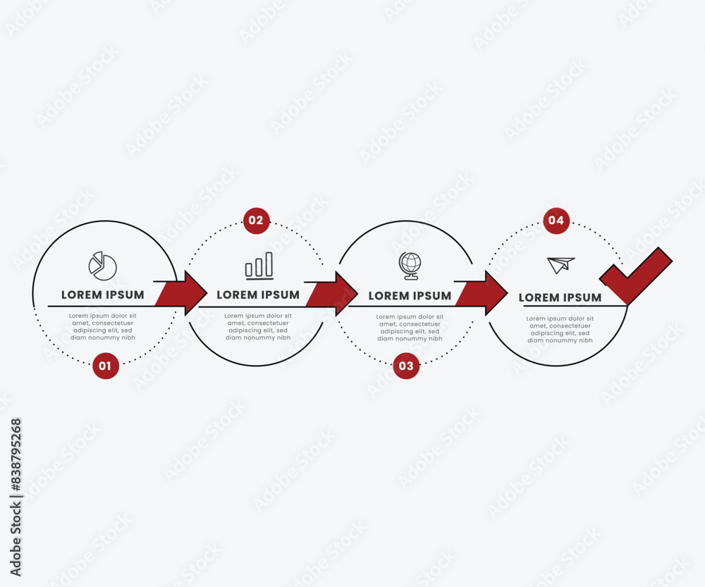 Poster process chart with four connected paper white circles placed in horizontal row. concept of 4 stages 
