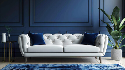 A chic grey fabric sofa against a deep blue wall with metallic decor accents.