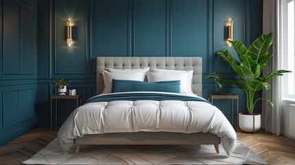 A chic teal wall with brass fixtures and a contemporary bed with matching decor.