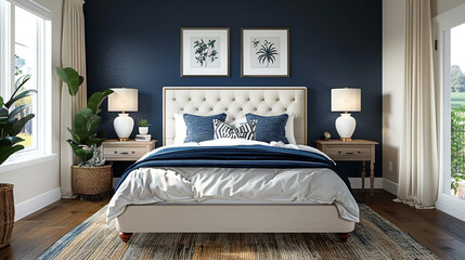 A chic transitional bedroom with a white platform bed, dark blue accent wall, a blend of traditional and modern decor, and elegant bedside tables.