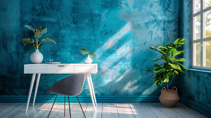 A chic white lacquered desk against a vibrant blue wall with abstract art.